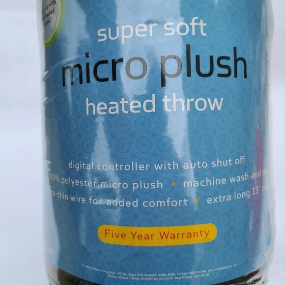 Biddeford Super Soft Micro Plush Electric Heated Throw Blanket Black Long Cord - Picture 4 of 7